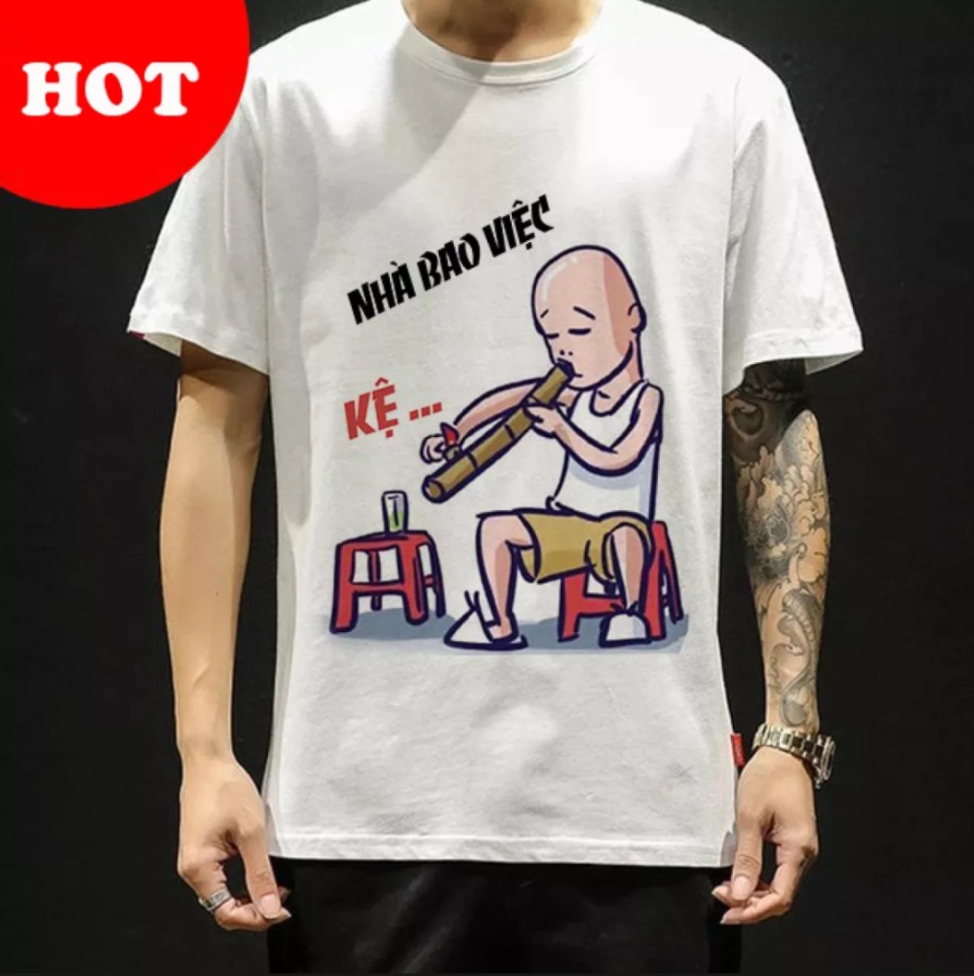 Áo thun nam nữ unisex form rộng tay lỡ in hình nhà bao việc dễ thương, vải dày mịn mát