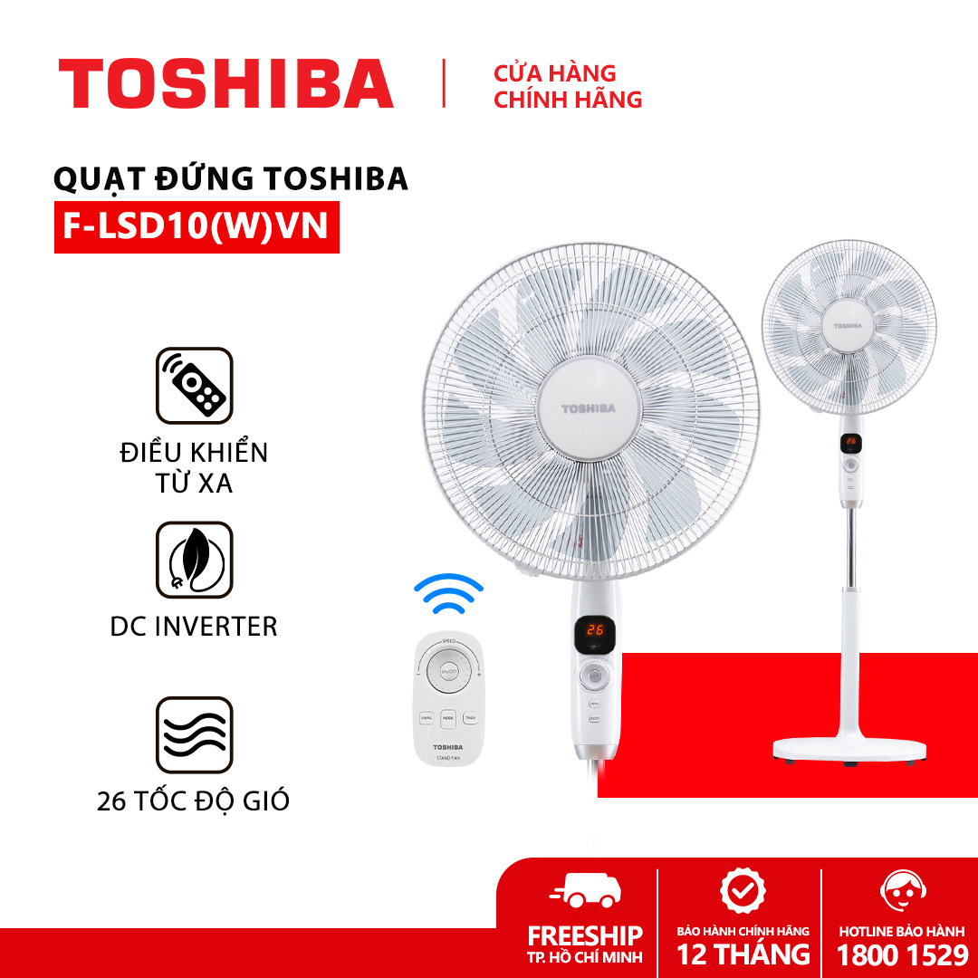 Quạt đứng Toshiba F-LSD10(W)VN - Màu trắng - Điều khiển từ xa núm xoay vô cực - 9 cánh - DC inverter tiết kiệm điện 70% - 26 tốc độ gió - Màn hình LED hiển thị - Hàng chính hãng, bảo hành 12 tháng, chất lượng Nhật Bản