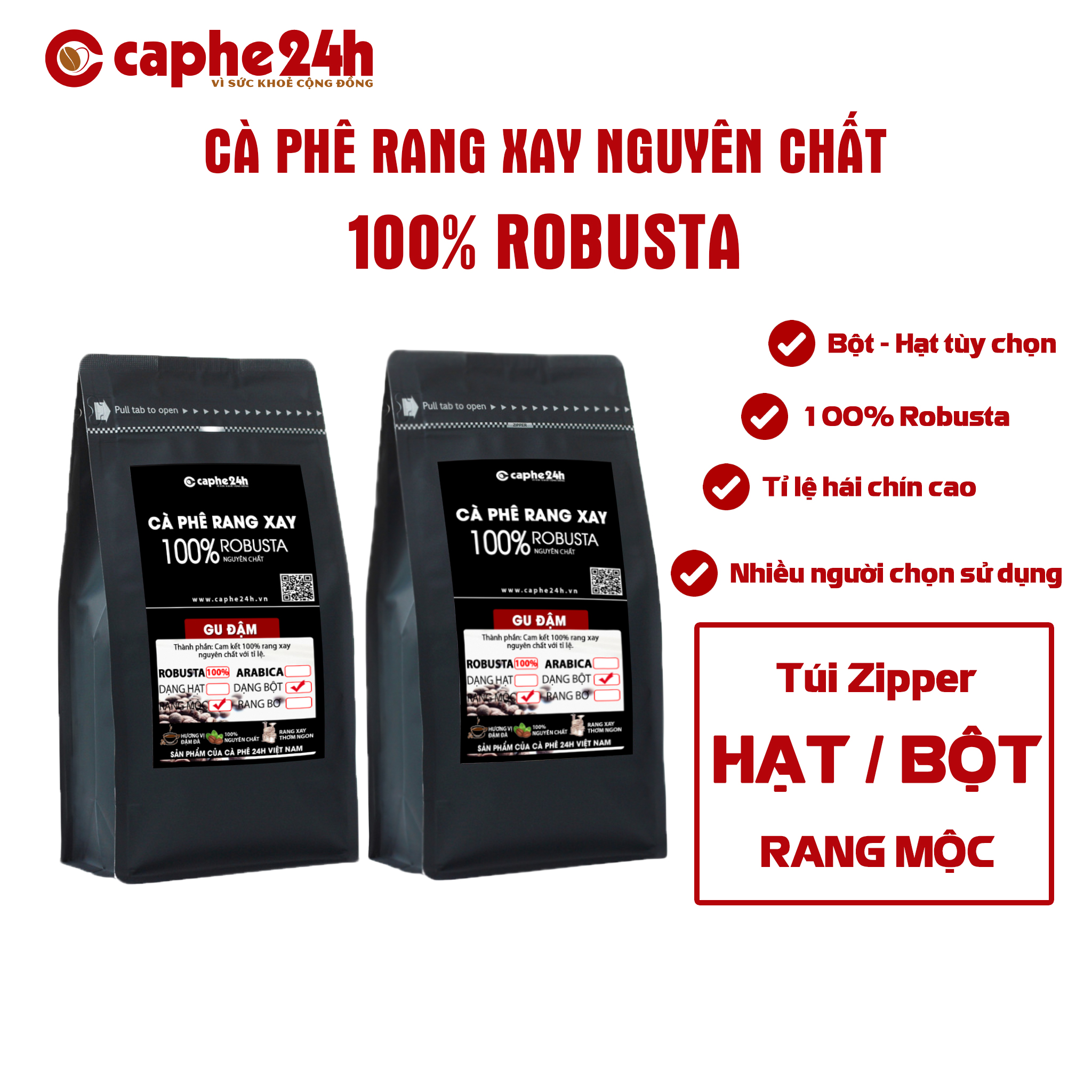Caphe24h_1kg cà phê rang xay nguyên chất đặc biệt 100% robusta đậm đà, thơm ngon thương hiệu caphe24h