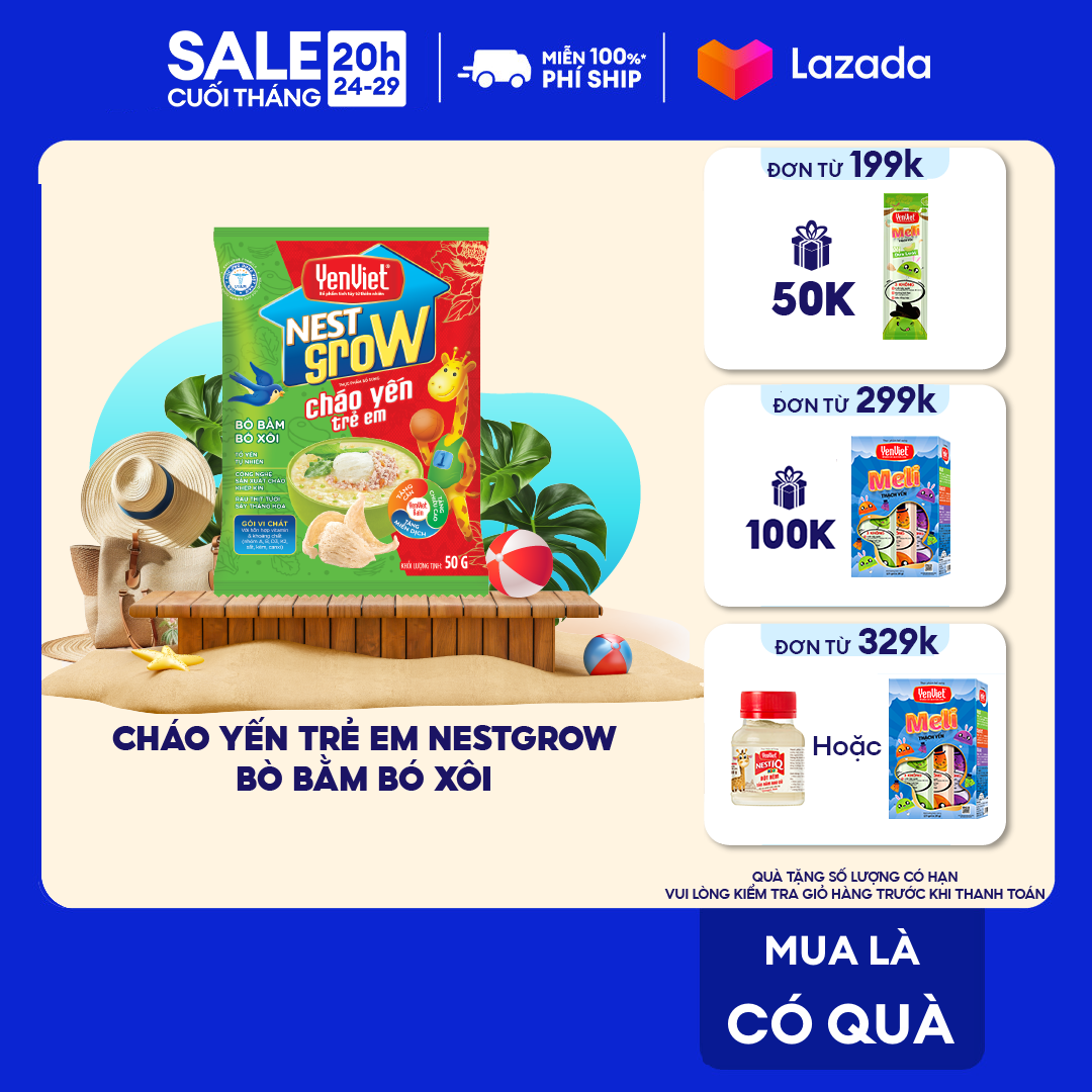Yến Việt - Cháo yến trẻ em Nest Grow công thức đặc chế cho trẻ suy dinh dưỡng thấp còi, nhiều vị, thùng 30g x 50g