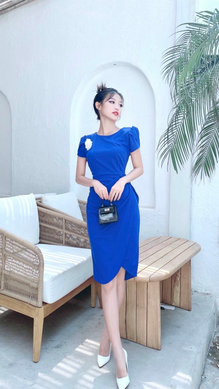 Hàng thiết kế - đầm body công sở tà đắp chéo dún eo xanh coban sang chảnh - vn39235xcb