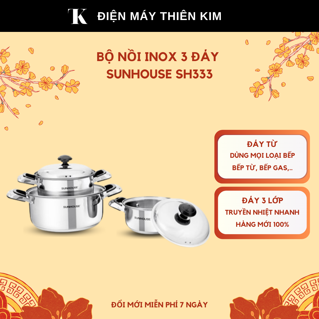 Bộ nồi inox 3 đáy sunhouse sh333 - nồi inox