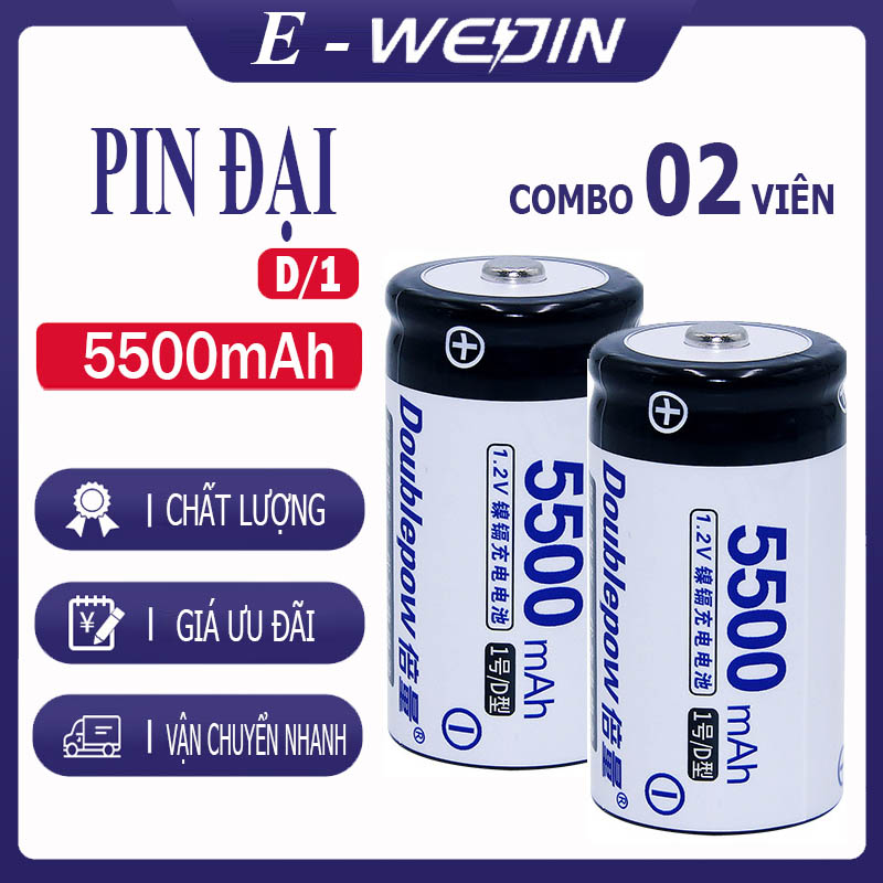 Pin đại sạc lại Số 1 Size D 5500mAh Doublepow cao cấp - Pin dùng cho máy nước nóng, bếp gas, đèn pin đại