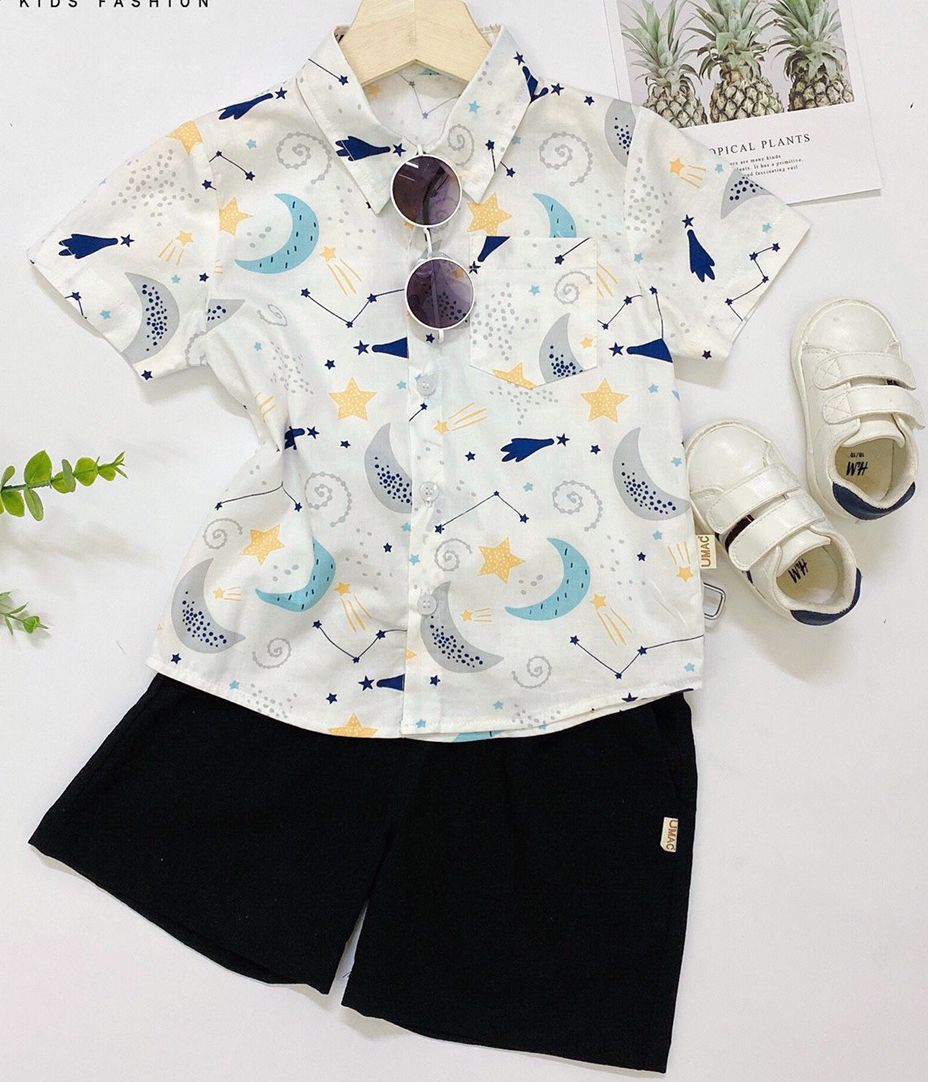 Set Áo Sơ Mi Họa Tiết Trăng Sao kết hợp quần vải Linen cho Bé Trai size từ