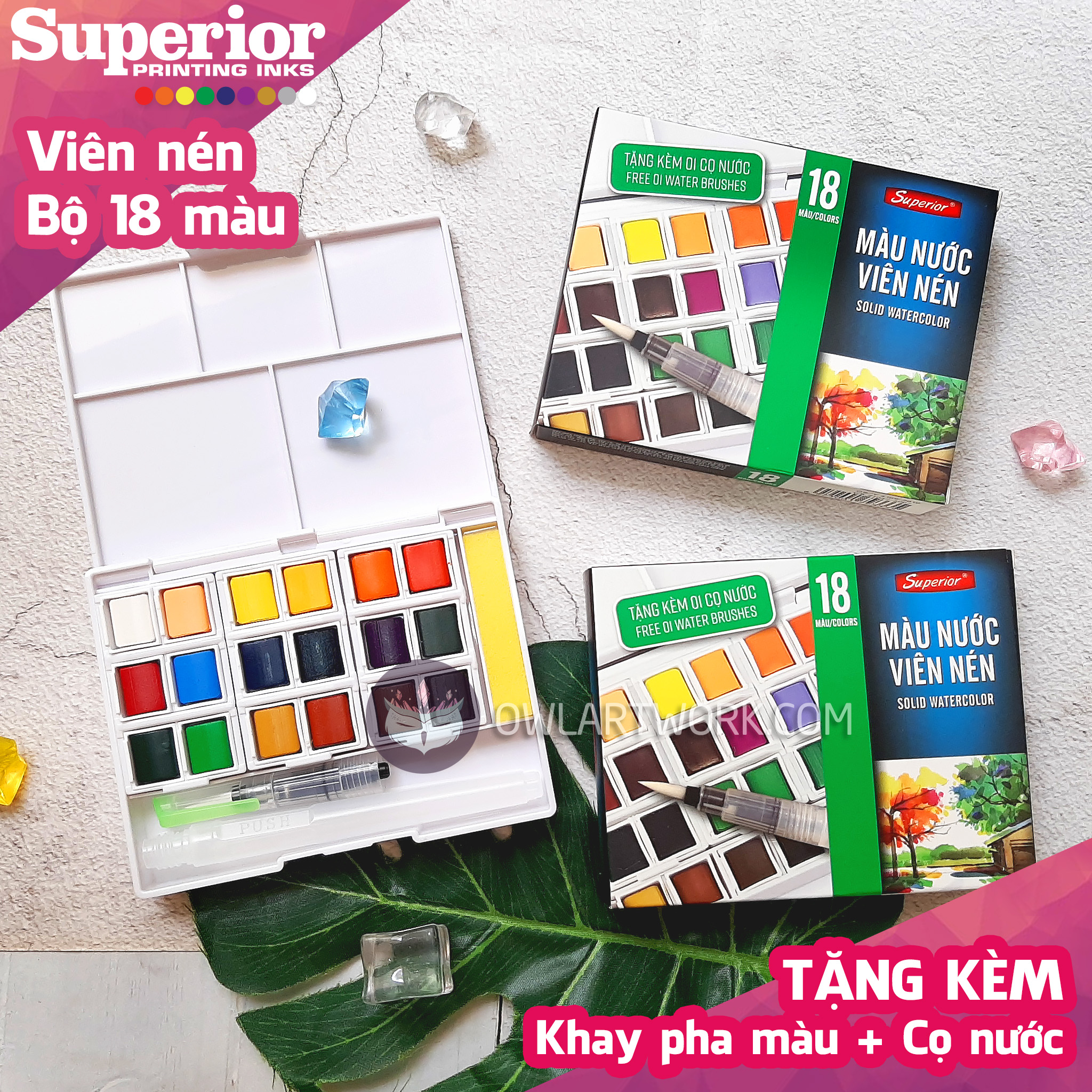 Màu Nước Superior Viên Nén Set 18 Màu Tặng Kèm Cọ Nước