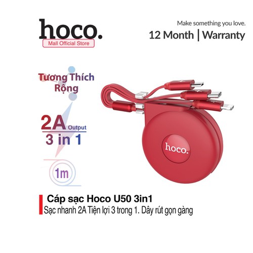 Hoco U50 - cáp sạc nhanh 2A gồm 3 đầu có thể rút gọn cực kỳ hữu dụng và tiện lợi khi đi công tác hay du lịch