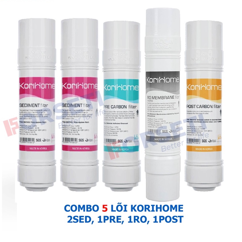 Combo 5 lõi lọc nước Korihome (2 sediment + 1 precarbon+1 postcarbon+1 màng RO) hệ lõi cắm nhanh