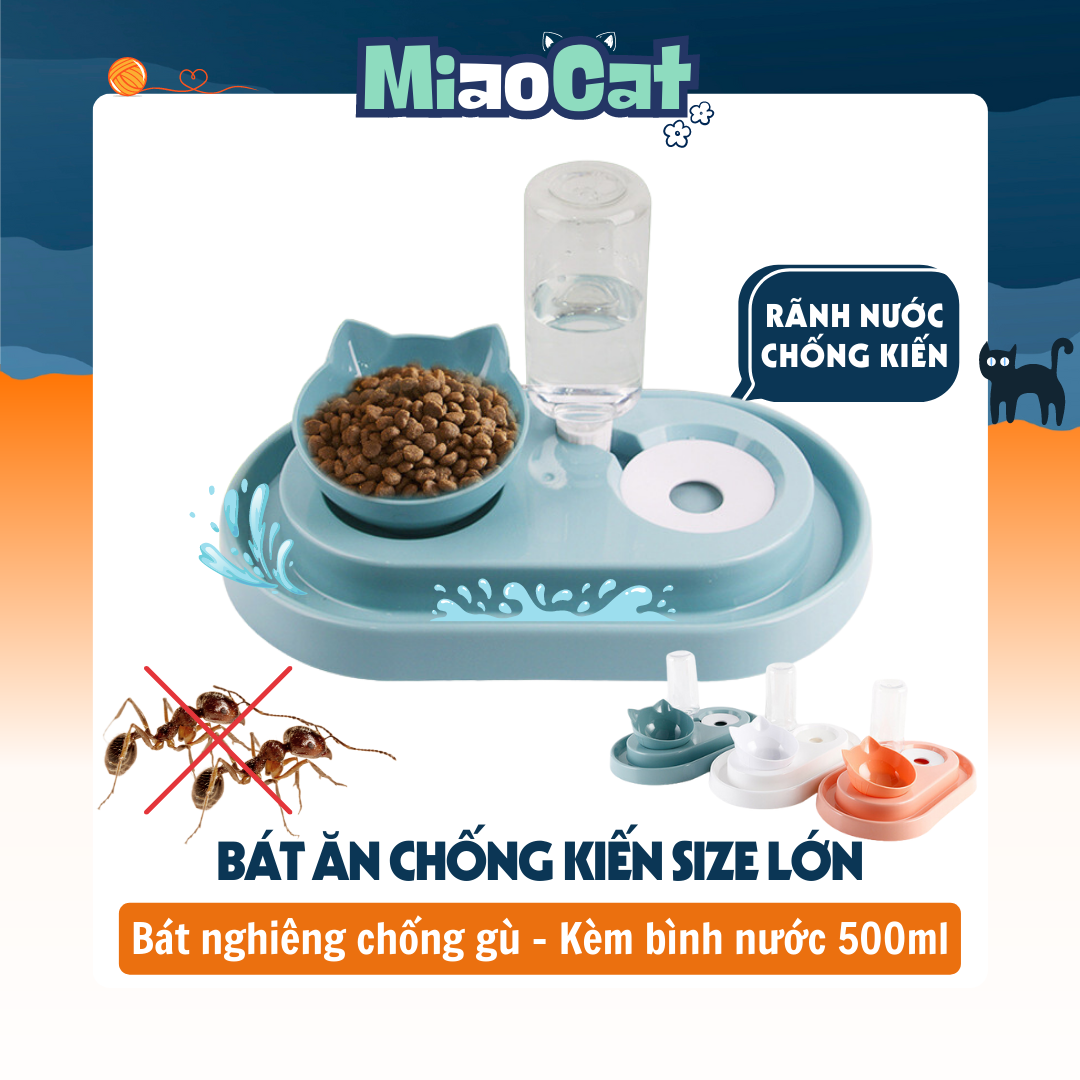 Bát ăn chống kiến 2 ngăn kèm bình nước tự động 500 ml cho chó mèo ba6640- miaocat