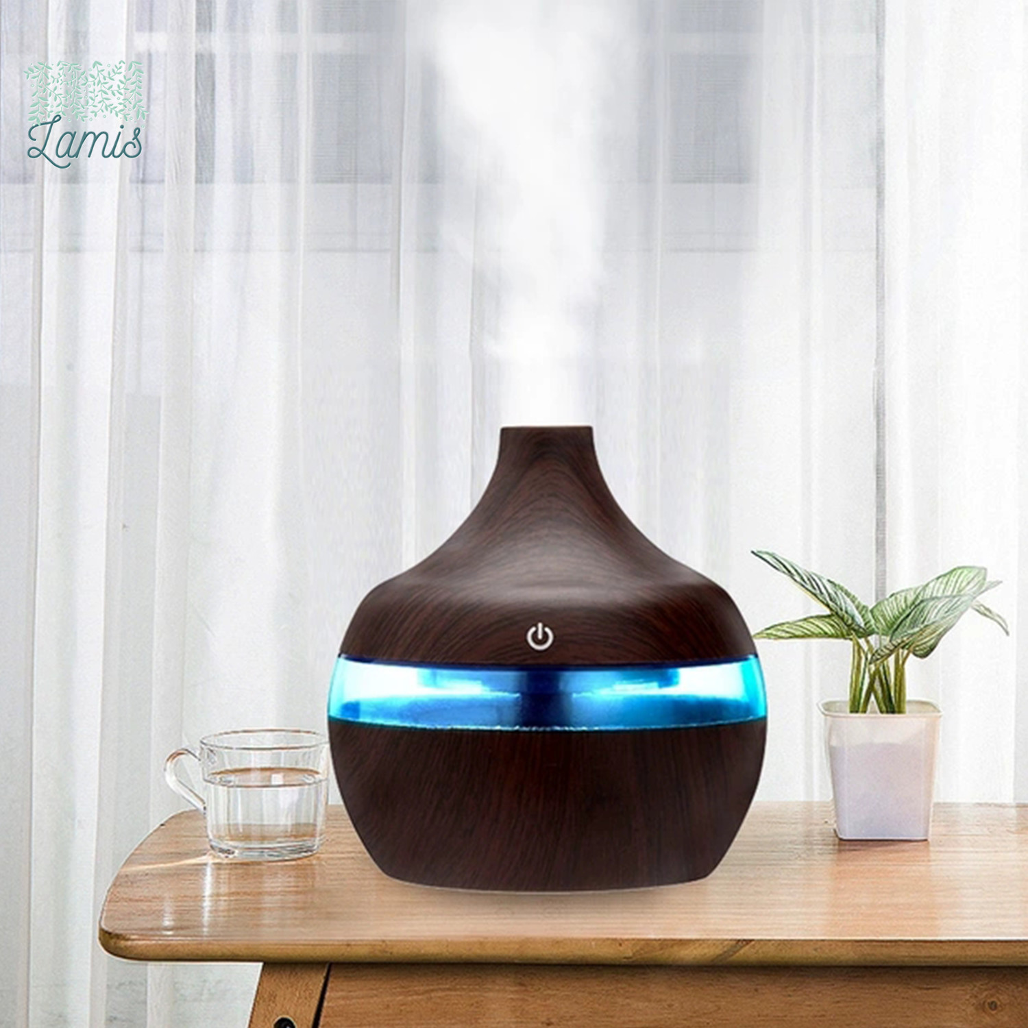 Máy Xông Tinh Dầu Vân Gỗ Hình Giọt Nước, máy phun sương, máy tạo ẩm , tặng kèm lõi bông, cáp sạc và lọ tinh dầu Lamis 10ml