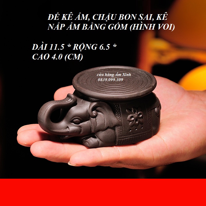 Đôn voi mini cõng ấm trà , chén, chậu bonsai