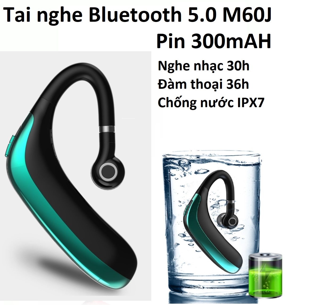 Tai nghe bluetooth 5.0 M60J  xoay 180 độ, chống nước IPX7 ,chống  bụi IPX6, kết nối 2 điện thoại, pin 300mAh, nghe nhạc 30 giờ , đàm thoại 36 giờ .