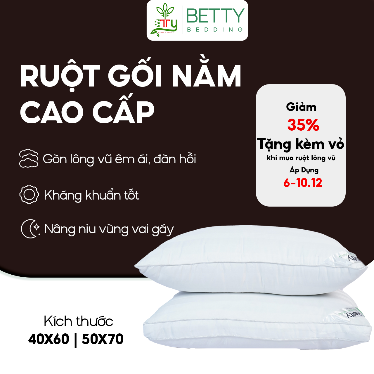 Ruột Gối Nằm Lông Vũ Nhân Tạo, Chuẩn Khách Sạn 5 Sao, Bông Sợi Cực Mịn, Cảm Giác Nằm Êm Ái, Kích Thước 50x70cm