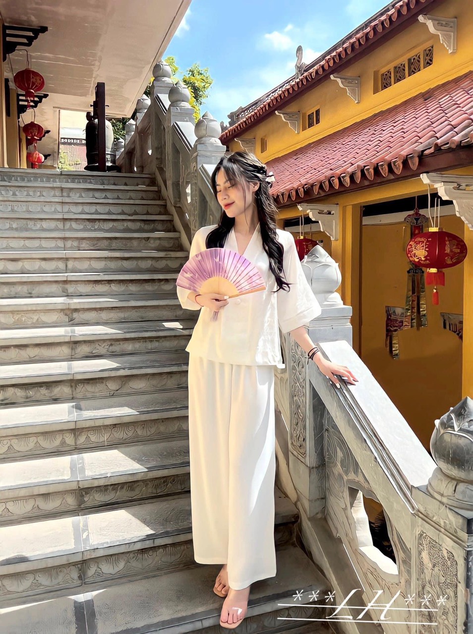 Đồ lam đi chùa nguyên set cao cấp gấm bà lai g01