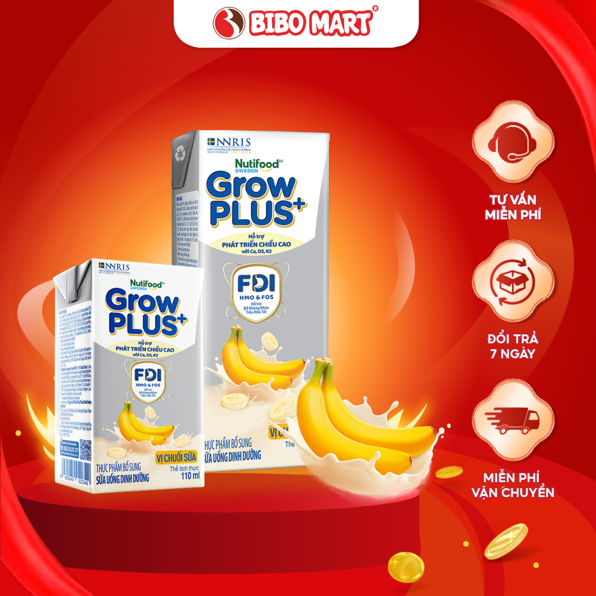 Lốc 4 Hộp Sữa Bột Pha Sẵn GrowPLUS+ Vị Chuối Phát Triển Chiều Cao Tăng Cân Cho Bé 1+ - Bibo Mart