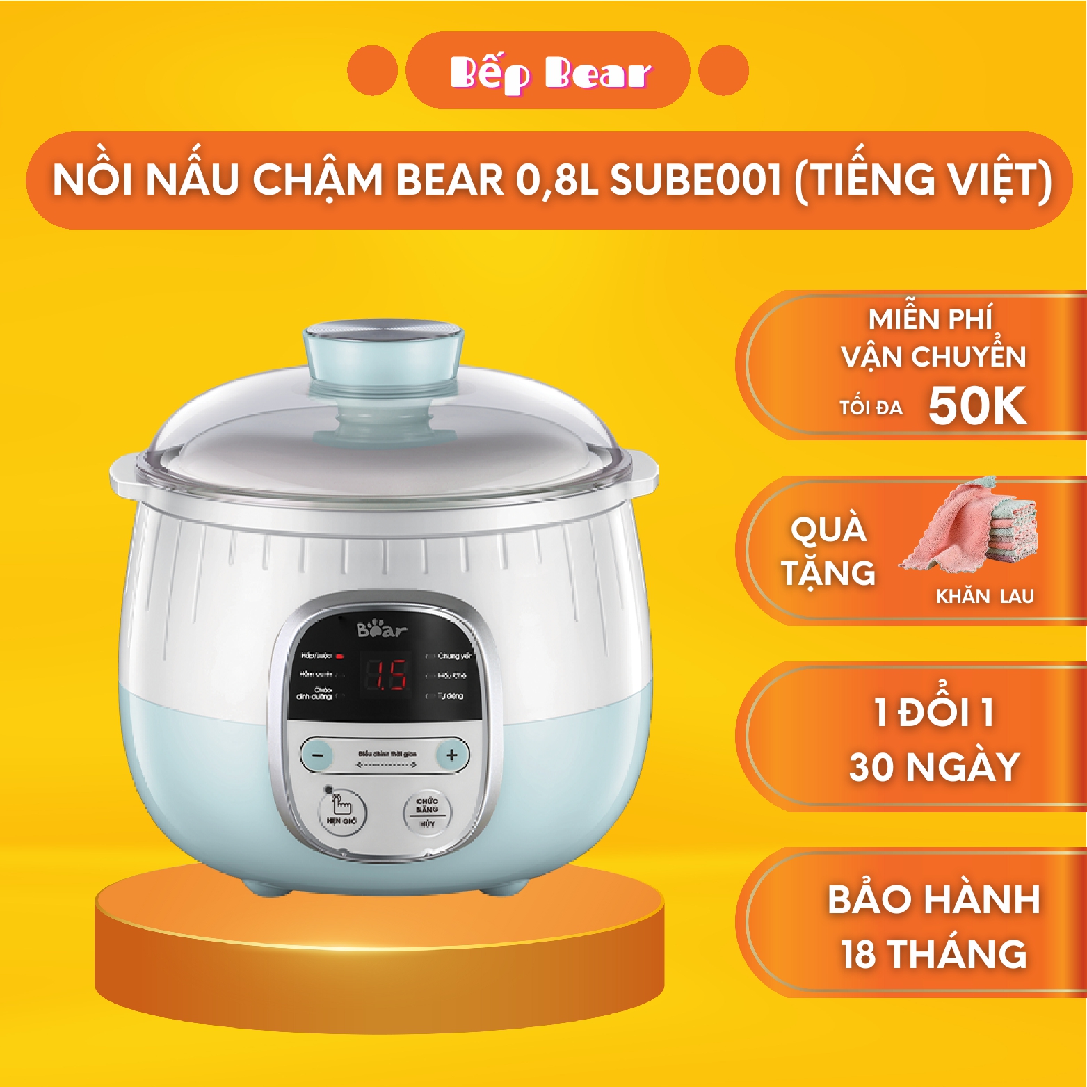 Nồi Nấu Chậm Bear, Nồi Nấu Cháo Chậm 0.8L Bear SUBE001 Đa năng 6 Chế Độ , Bản Quốc Tế Bảo Hành 18 Tháng