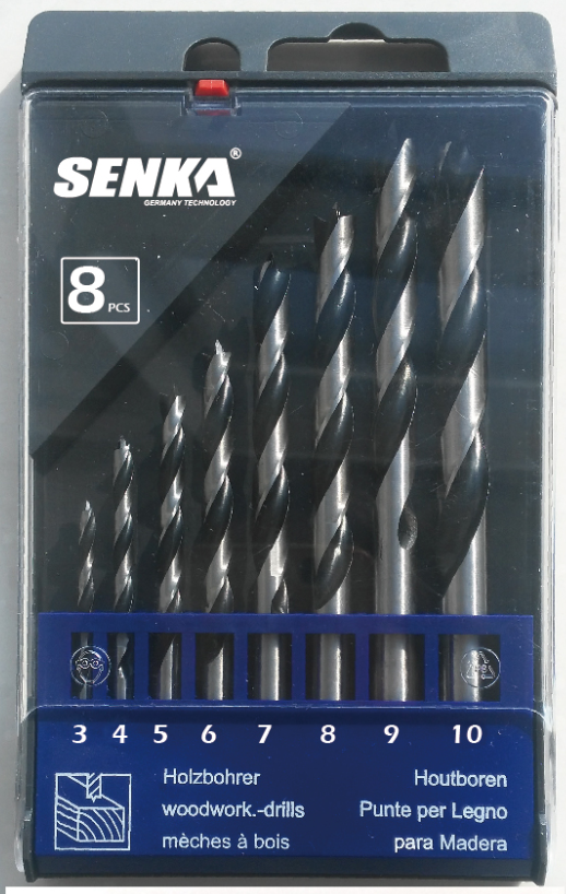 Bộ 8 mũi khoan GỖ hiệu SENKA đầu nhọn định tâm phi 3 đến phi 10mm chuôi trụ tròn cao cấp