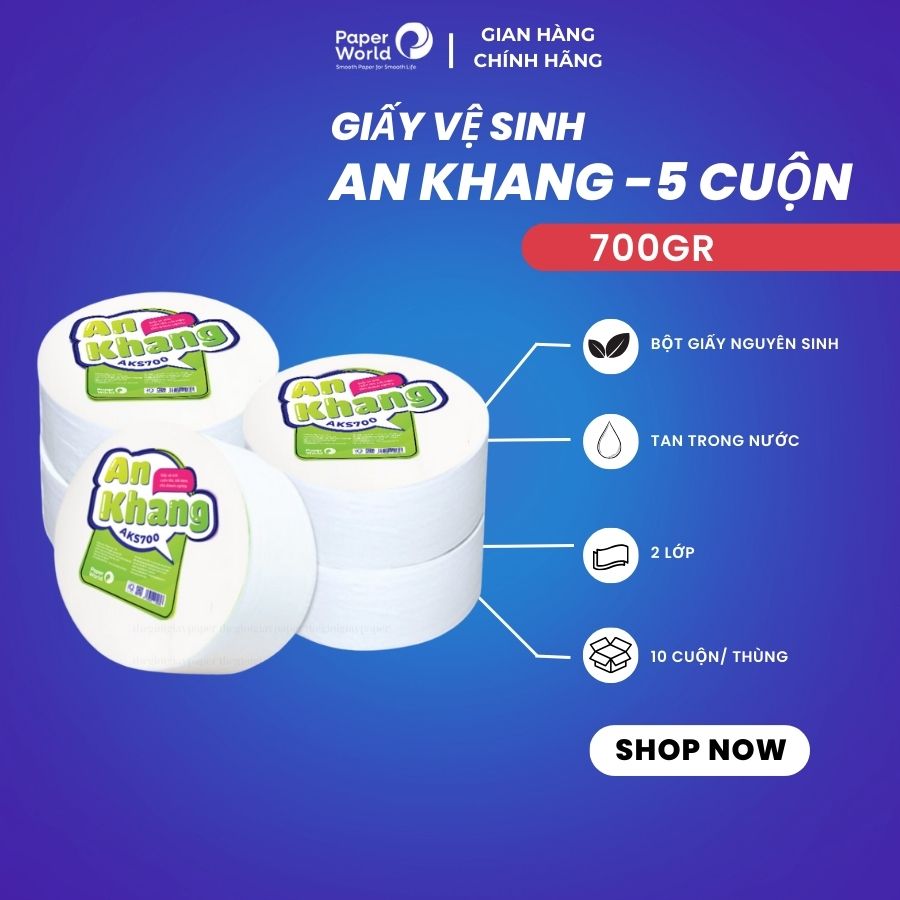 Combo 5 giấy vệ sinh cuộn lớn cao cấp 2 lớp 700g AN KHANG | THẾ GIỚI GIẤY | 100% bột giấy nguyên sinh|  tan nhanh trong nước giá rẻ