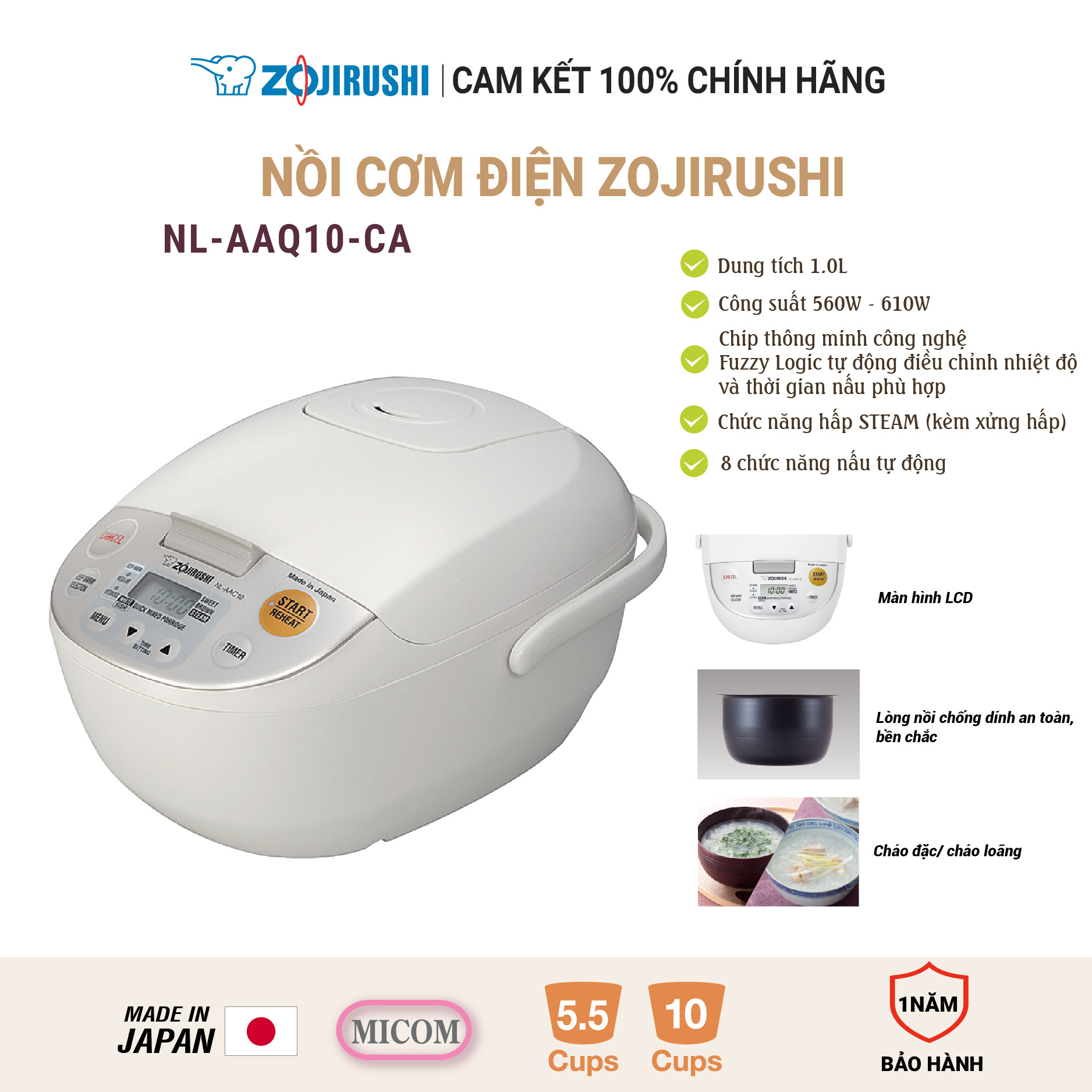 Nồi cơm điện tử zojirushi nl-aaq10-ca dung tích 1l, sản xuất tại nhật, bảo hành 1 năm chính hãng