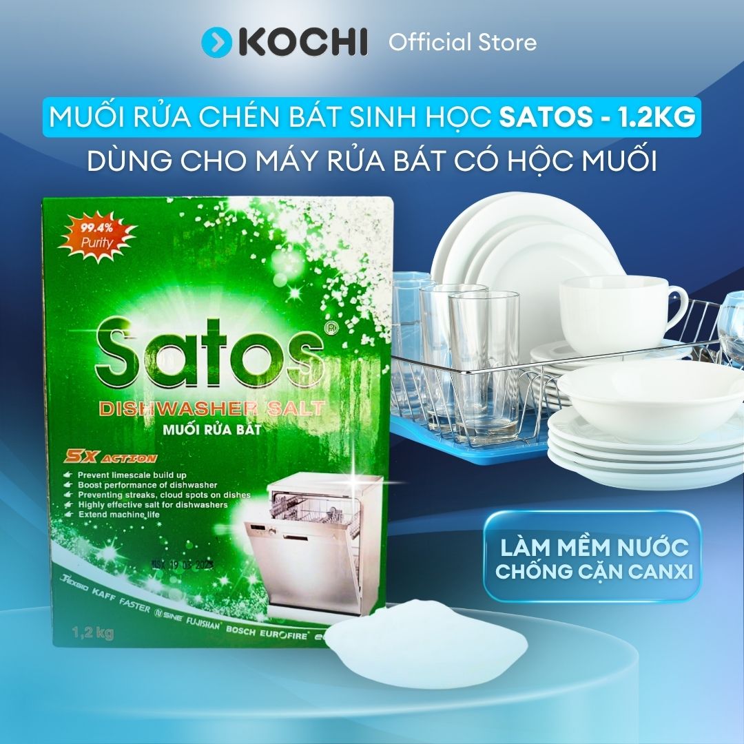 Muối Rửa Chén Bát Sinh Học Satos 1.2kg - Tinh Khiết 99.4% Dùng Cho Máy Rửa Chén Có Hộc Muối - Làm mềm nước loại cặn canxi