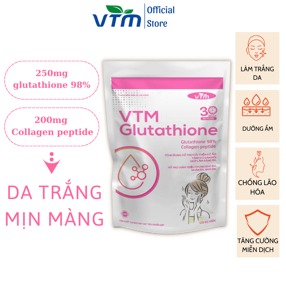 Viên uống Glutahione VTM hỗ trợ làm sáng da, hỗ trợ giảm triệu chứng khô da