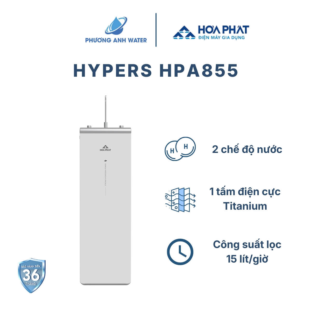 Máy lọc nước ION Kiềm Hòa Phát HPA855 12 lõi lọc, công nghệ điện phân có màng ngăn, công suất lọc 15 lít/giờ, bảo hành 36 tháng