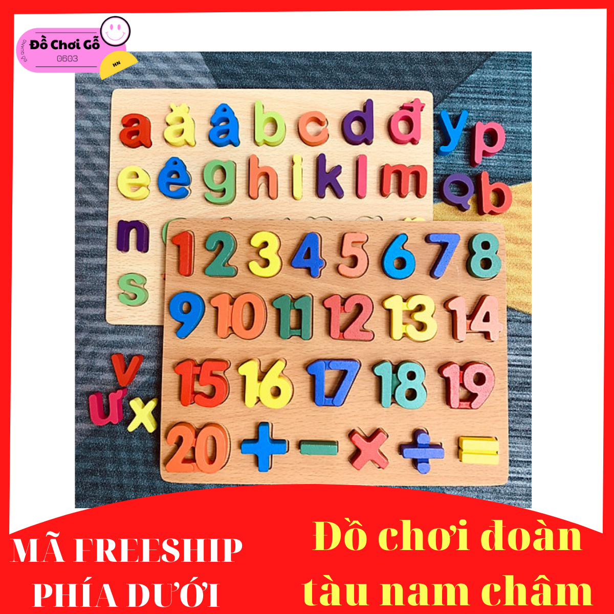 Combo 2 bảng chữ cái Tiếng Việt, bảng số bằng gỗ in nổi - Đồ chơi xếp hình cho bé