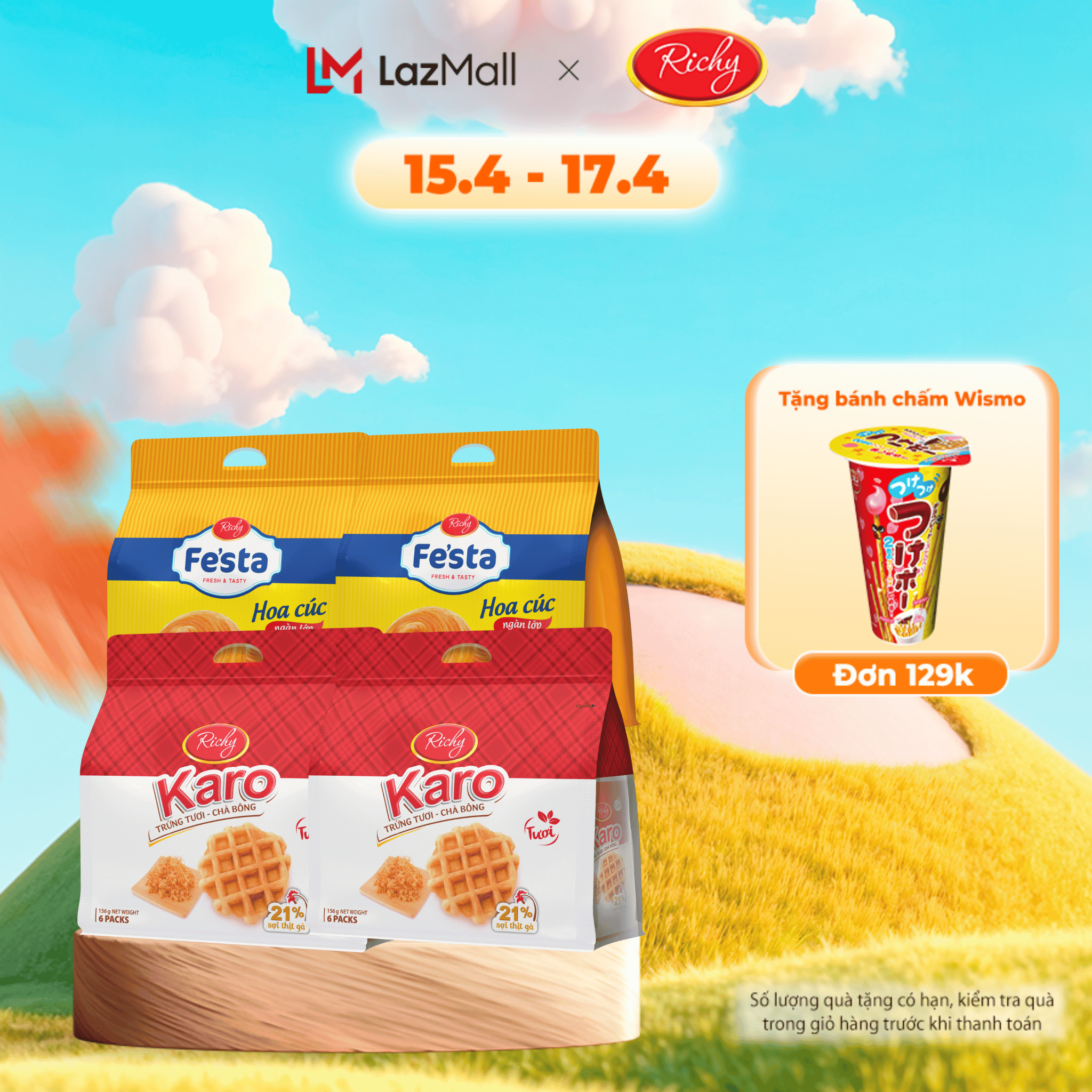 Combo ăn sáng mix 3 vị, Bánh Karo sợi gà, Bánh Karo hoàng kim phô mai mix Bánh mì hoa cúc tươi ngàn lớp Fe'sta Richy - HSD 35-45 ngày, KH cân nhắc khi mua SL lớn