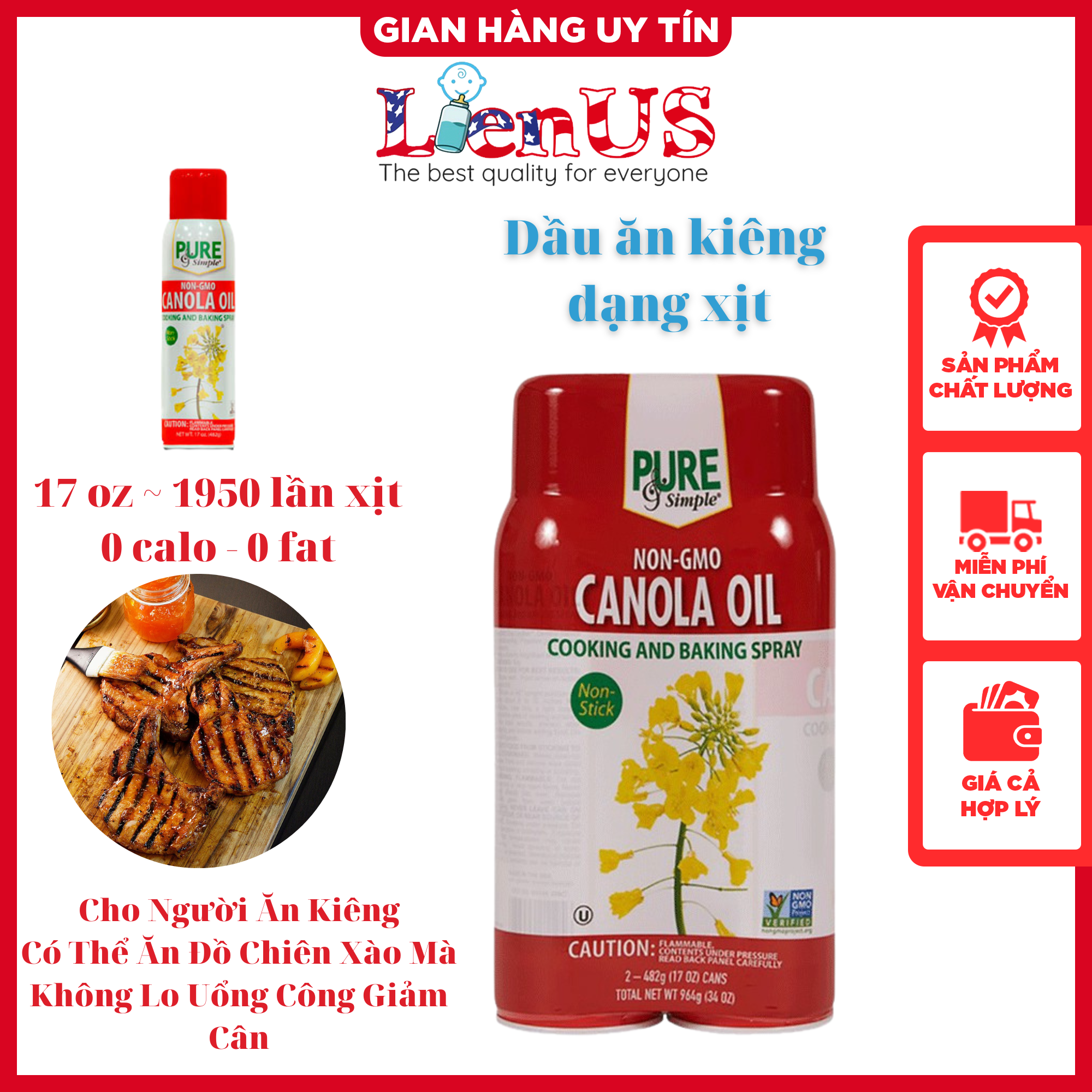 Dầu ăn kiêng dạng xịt không calo chiết xuất dầu hoa cải Pure & simple canola oil 482g 1750 lần xịt nhiều hơn dầu ăn kiêng pam