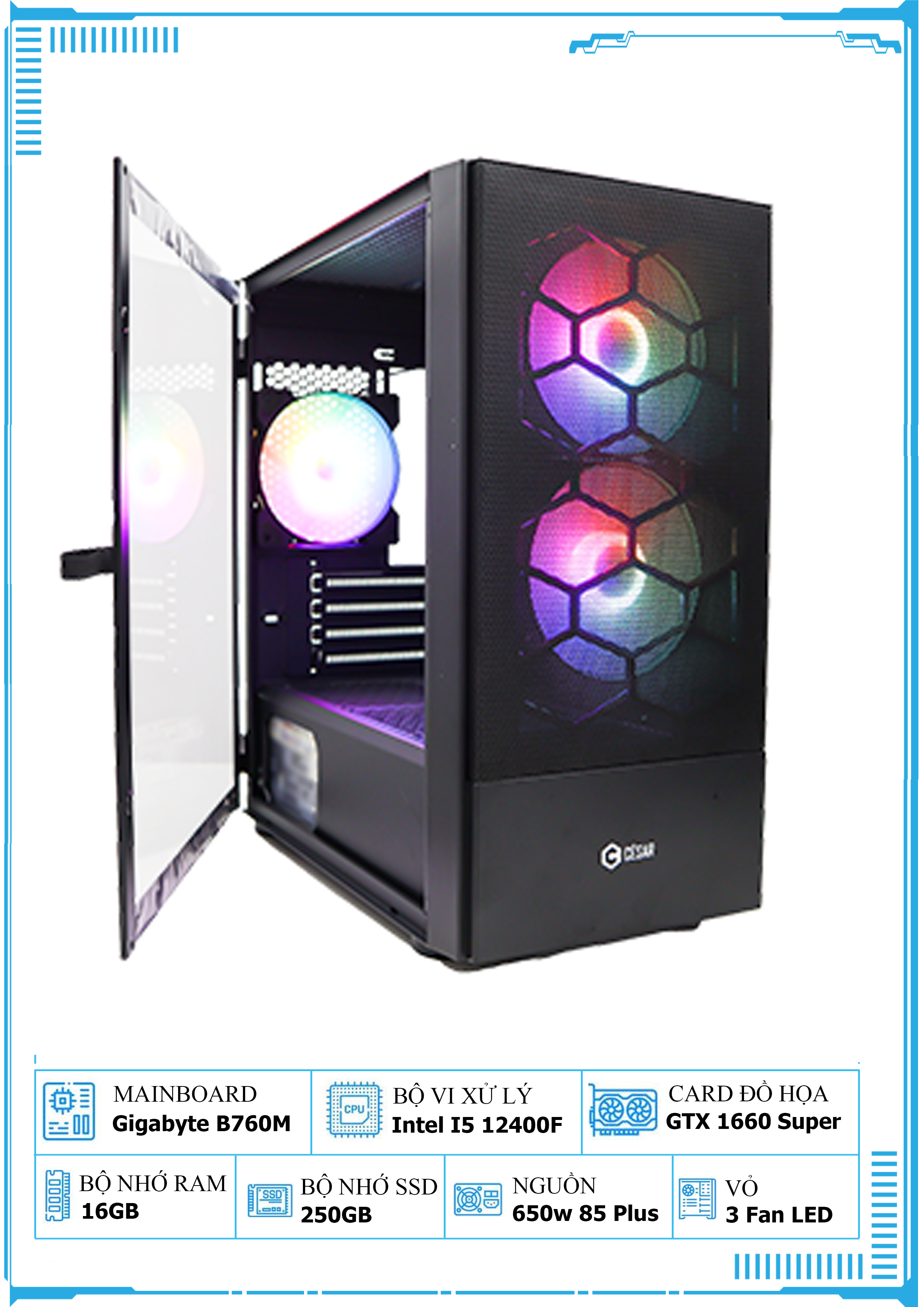Bộ PC Gaming B760M+I5 12400F+RTX 1660 super+RAM 16GB Siêu đẹp cân mọi tựu