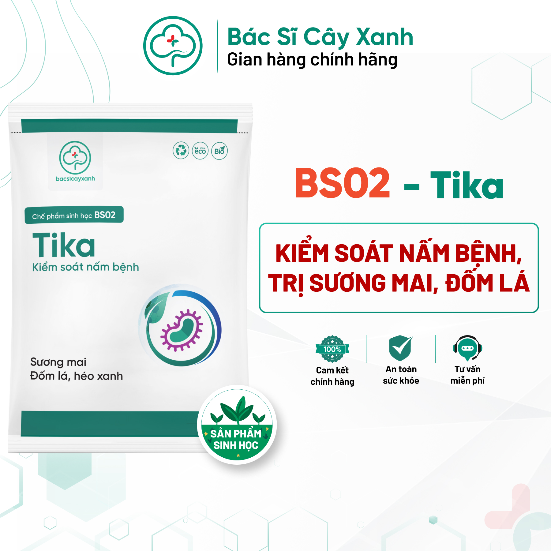 Chế phẩm ngừa sương mai, chết cây con, đốm lá, gỉ sắt, phòng trừ nấm bệnh sinh học BS02 Tika 100g/250g NSX Bacsicayxanh