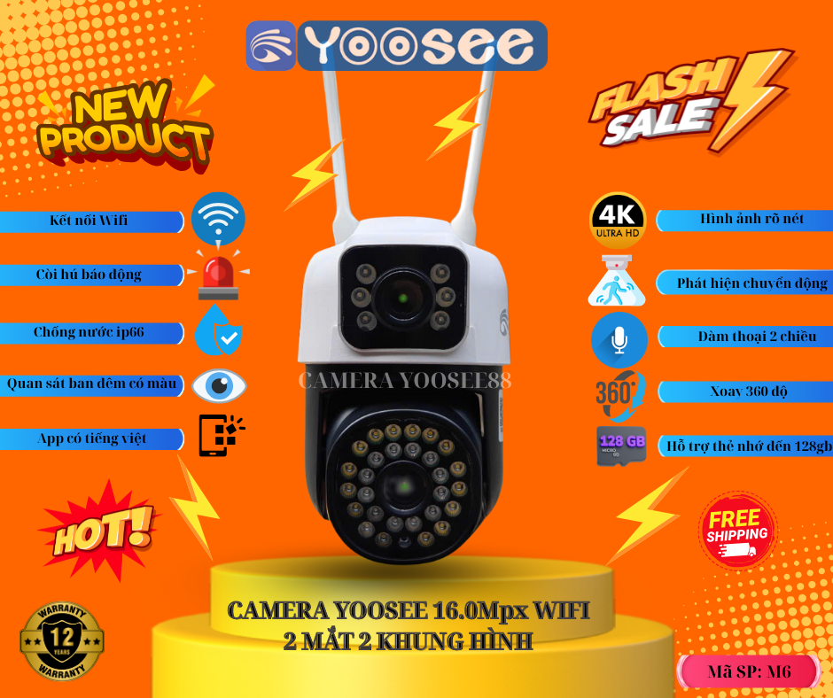 Yoosee M6 - Camera Wifi Ngoài Trời 16.0MPX Full HD 2 Mắt 2 Khung Hình Xoay 360° Chống Nước IP66 Hỗ Trợ Thẻ Nhớ 128GB Siêu Tốt Siêu Bền