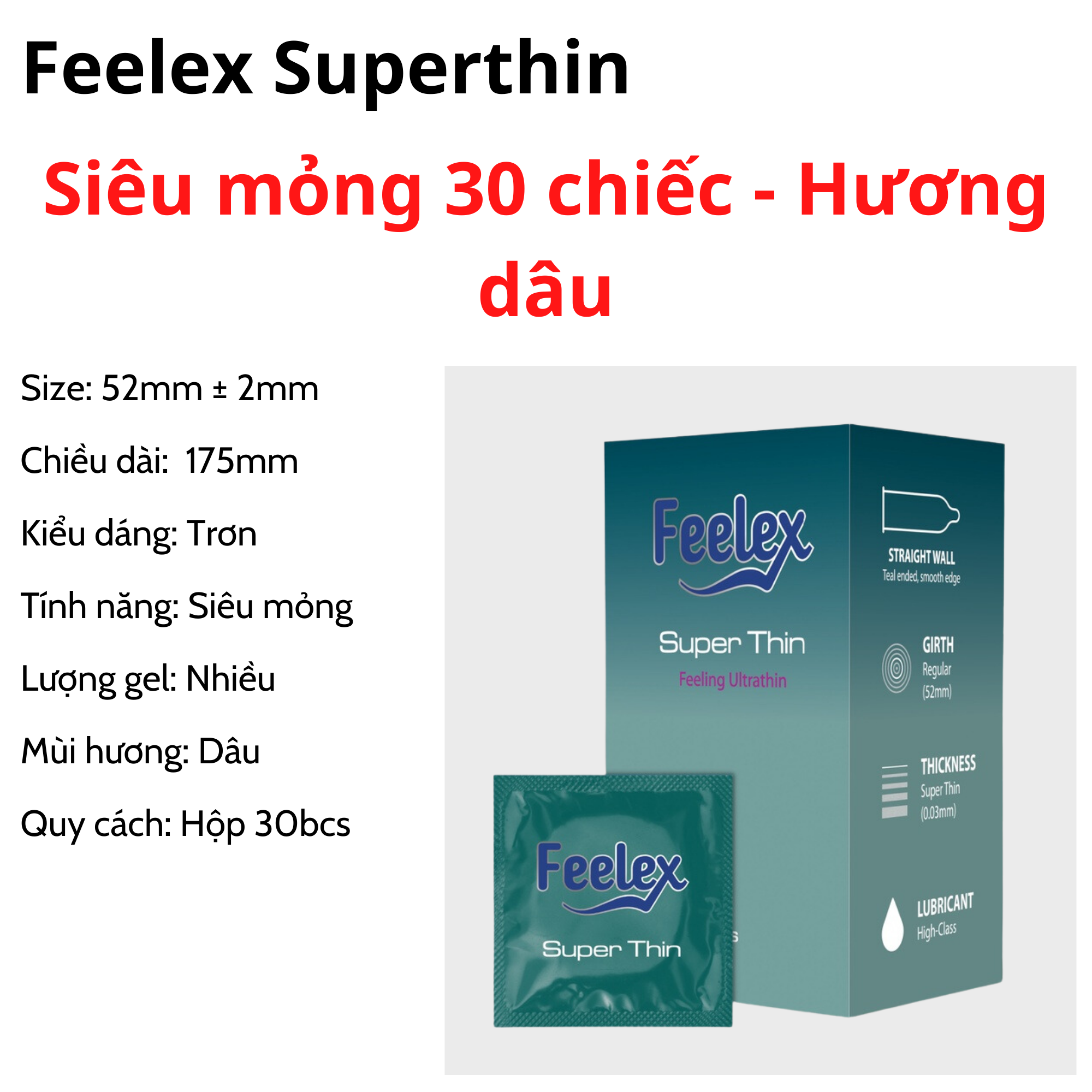Bao cao su nam gia đình siêu mỏng Feelex Super Thin nhiều gel bôi trơn, hương dâu, vani - Hộp lớn 30 bcs