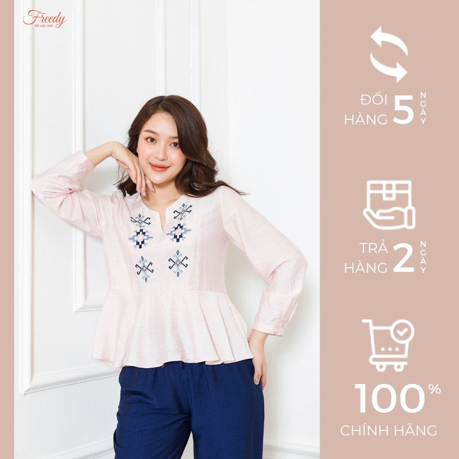 Đồ ngủ mặc nhà nữ Freedy Bộ dài tay nhún bèo thêu hoa quần đũi xanh