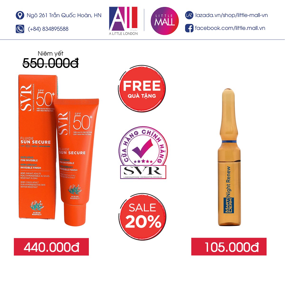 Kem chống nắng spf50 dạng lỏng, không nhờn dính SVR sun secure fluide spf50+ 50ml TẶNG Ampoule chống lão hóa Martiderm