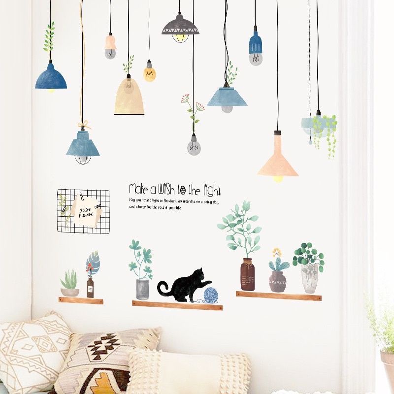 Decal dán tường đèn và mèo trên kệ cây