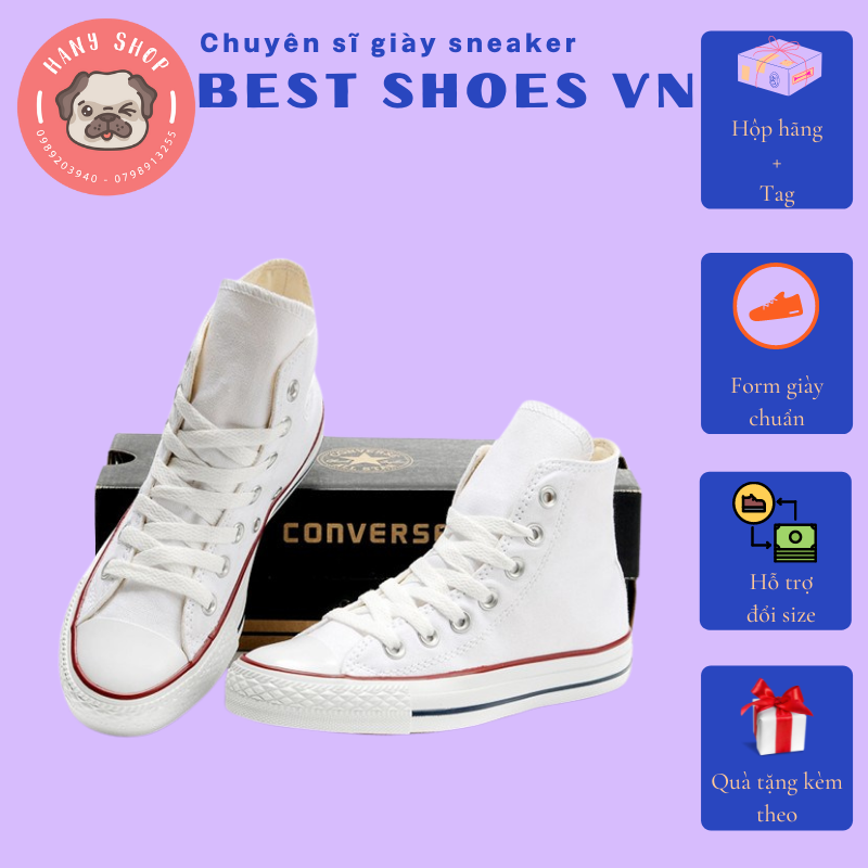 [TẶNG CHAI TẨY TRẮNG + HỘP] Giày Thể Thao Nam Nữ Couple Converse Cao Cổ Màu Trắng Đế Trắng