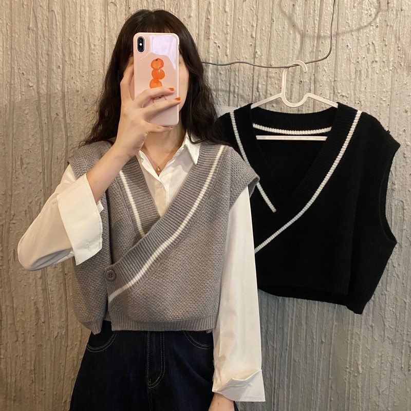 ♂ Set Áo Sơ Mi Trắng Dài Tay/ Áo Khoác Len Cộc Tay Thời Trang Dành Cho Nữ ( bán lẻ)