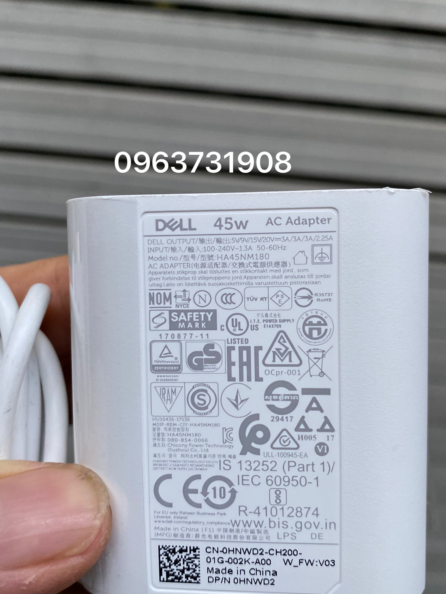 Cục sạc laptop dell 45w ha45nm180 type-c màu trắng hàng tháo máy