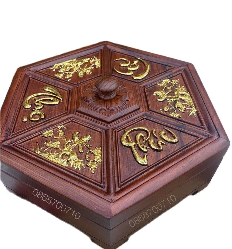 Hộp đựng bánh Kẹo Ngày Tết bằng Gỗ Hương Cao Cấp - Trạm Khắc Laze Chữ Tinh Xảo xung quanh -- khay đựng mứt tết
