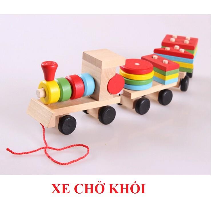 Đồ chơi tàu hỏa chở khối gỗ thả hình trụ cho bé