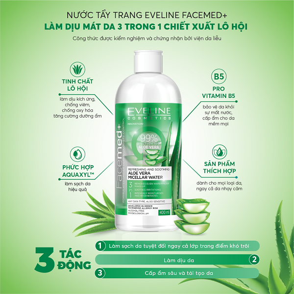 Nước tẩy trang Eveline Facemed+ dịu mát da chiết xuất lô hội 400ML