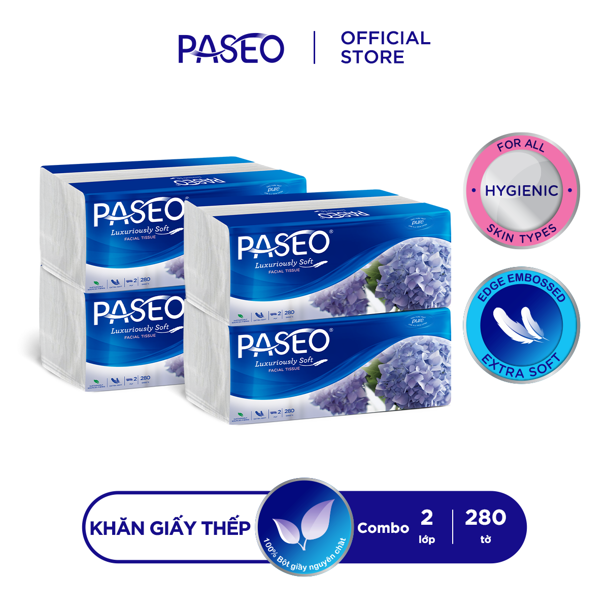 Combo 4 gói khăn giấy rút cao cấp Paseo dai, mềm mịn (280 tờ 2 lớp)/gói