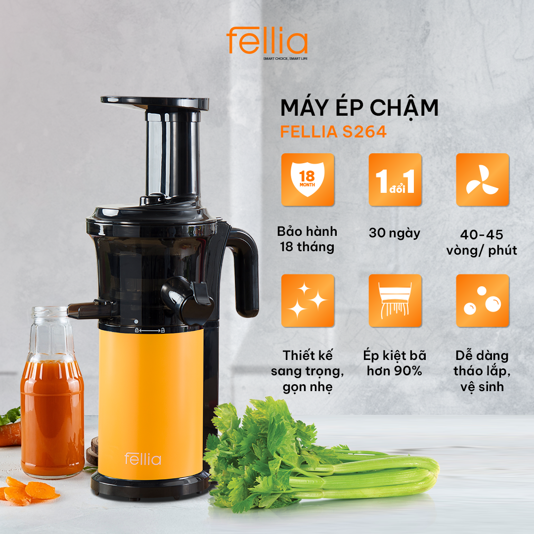 Máy ép chậm Fellia S264 phiên bản mini pro dễ dàng chi chuyển, tiết kiệm thời gian và không gian- Bảo hành 18 tháng- Mua 1 đổi 1 trong vòng 30 ngày