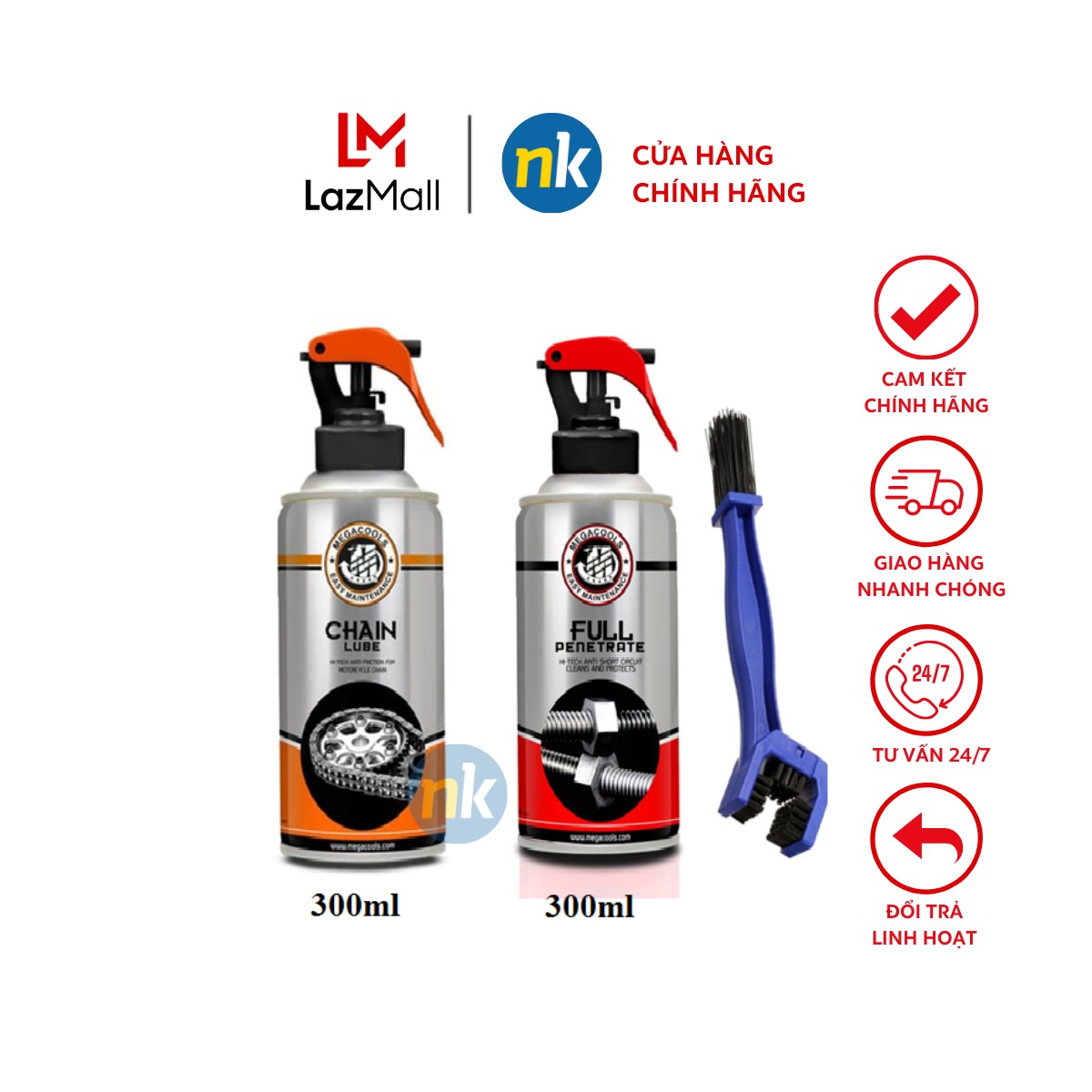 [Chính Hãng] Combo chai bảo dưỡng sên Megacools Chain Lube 300ml và xịt vệ sinh sên Megacools tặng bàn chải 3D - chuyên dùng cho xe sên xích trần, sên sích phốt cao su, xe Exciter, Winner, Sirius, mô tô PKL