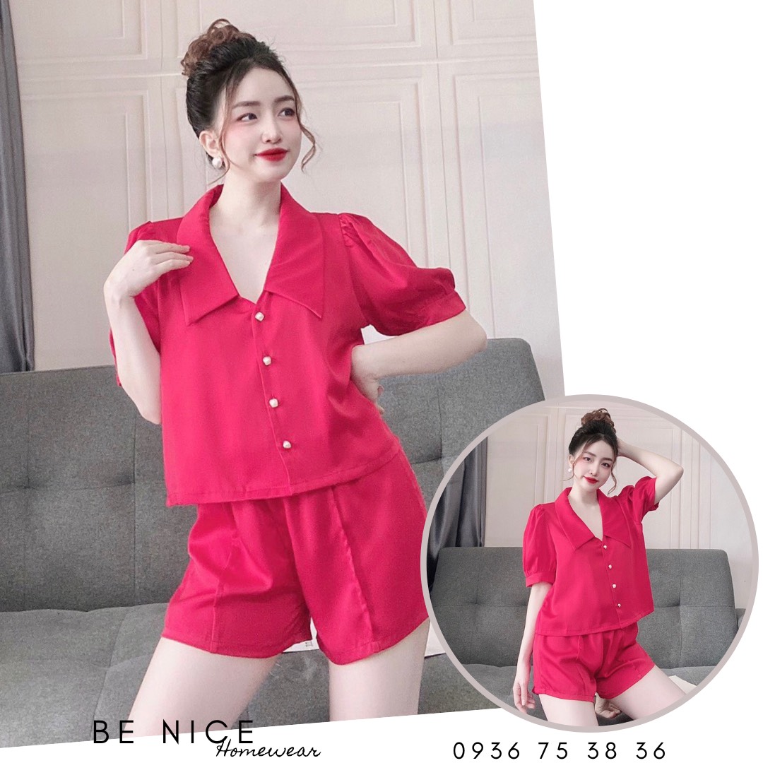 Set lụa latin ngắn cổ bẻ phối nút tay phồng xinh xắn nhà Be Nice Homewear