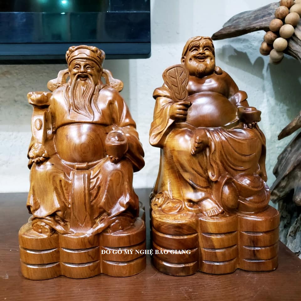Bộ tượng Thần Tài Thổ Địa gỗ bách xanh 15cm