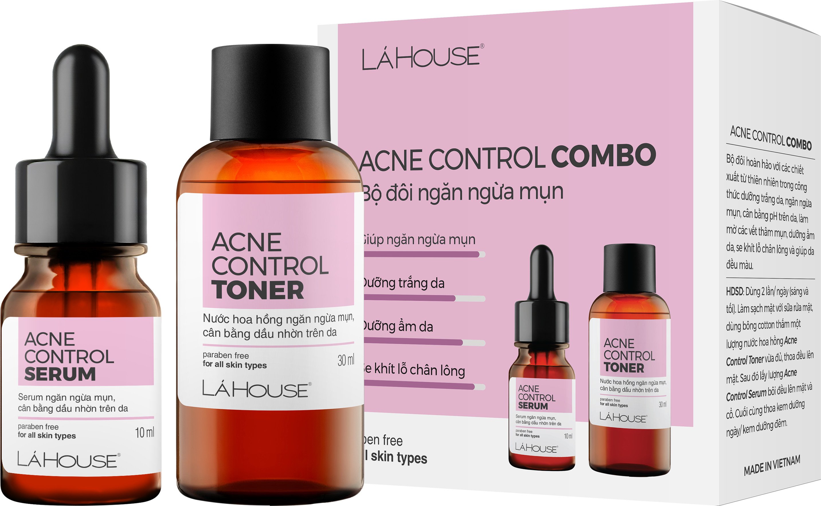 Bộ sản phẩm dành cho da mụn Lá House Acne Control gồm 2 món Serum và Toner 10ml&30ml