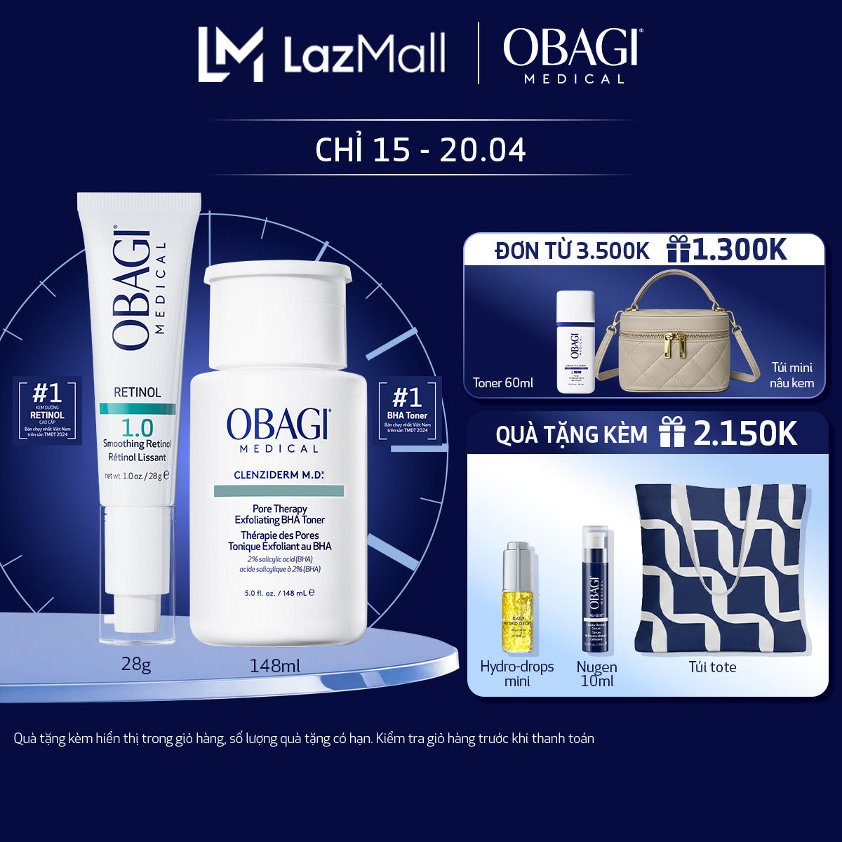 Bộ đôi dưỡng da Toner BHA làm sạch mụn và tẩy tế bào chết Obagi Medical Clenziderm M.D 148ml và Kem Chống Lão Hóa  Tái Tạo Da Obagi 360 Retinol 1.0 28g
