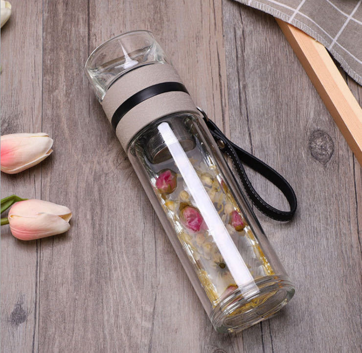 [HCM]Bình thủy tinh 2 lớp có lọc trà 500ml - Cốc chịu nhiệt có nắp lọc tách trà dung tích lớn chống bỏng di động dày hai lớp