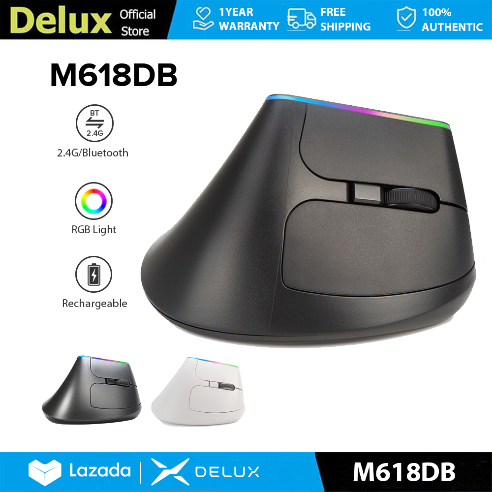 Delux M618DB Chuột dọc không dây tiện dụng 6 nút MAX 2400DPI 2.4GHz Bluetooth có thể sạc lại với đèn RGB Kích thước M cho PC/Laptop/Windows/Mac Black and White Color